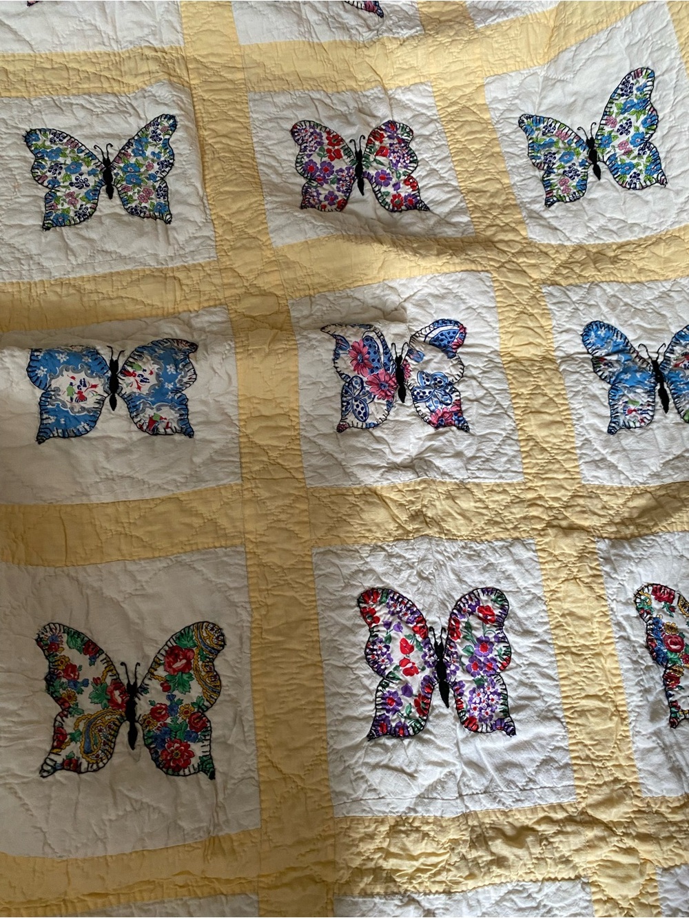 Butterfly Patchwork Quilt in Yellow and White vintage cotton quilt handmade